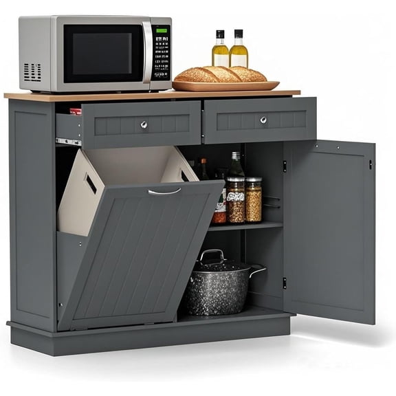 POWERSTONE Hidden Tilt Out Trash Cabinet Kitchen Island with 2 Drawers & Adjustable Shelf, Rubber Wood Countertop, Freestanding Laundry Hamper Recycle Bins, Proof Garbage Can Holder Grey