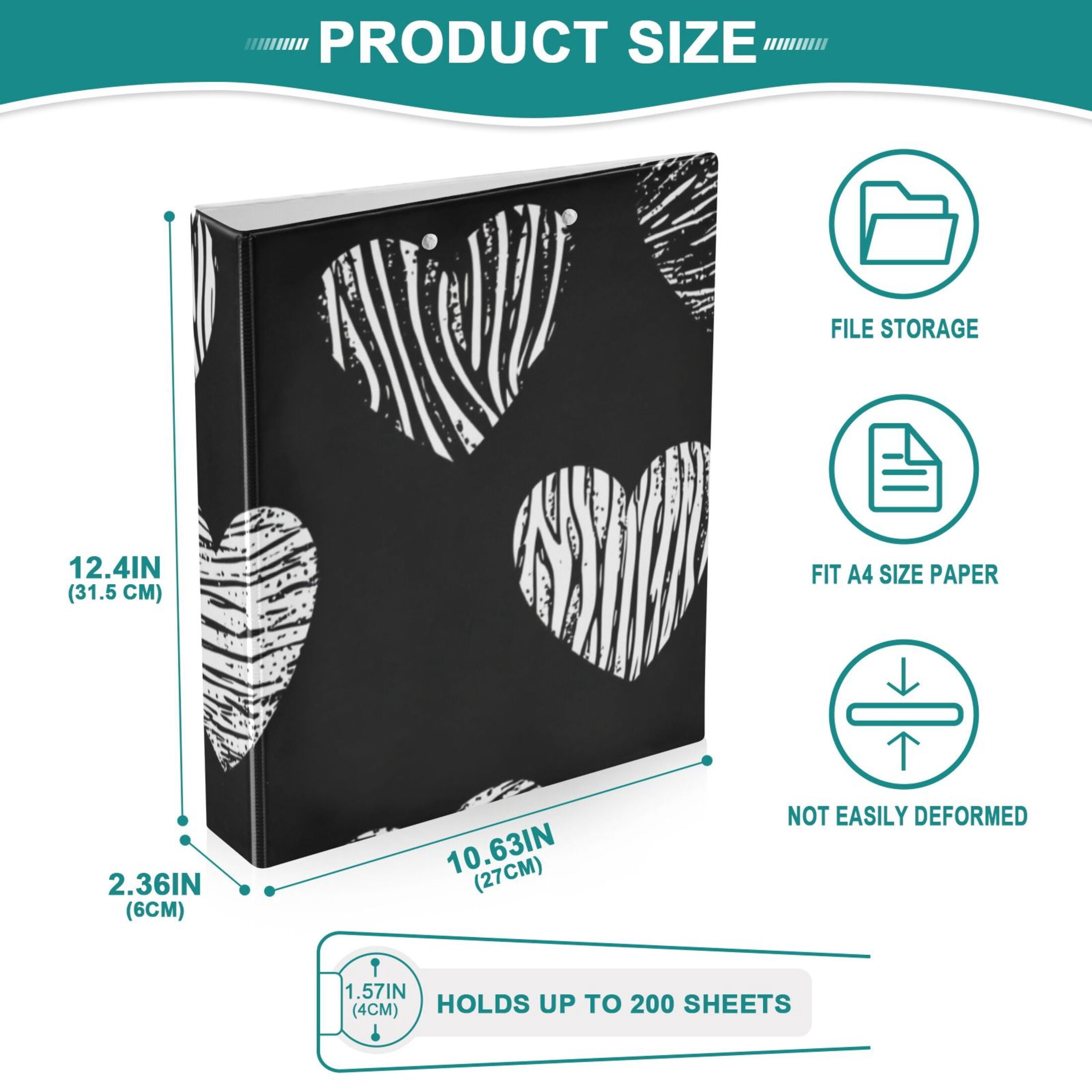 Hearts in Black 3 Ring Binders 1.5 inch Hardcover File Folders with Interior Pockets A4 Size Organizer for School Office Hospital Set of 2
