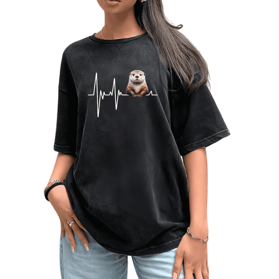 Water Washed Cute Otter Line Art Graphic Print Tshirt Graphic Tees Shirts Charcoal Black S-2XL Minimal Casual Short Sleeve Tops