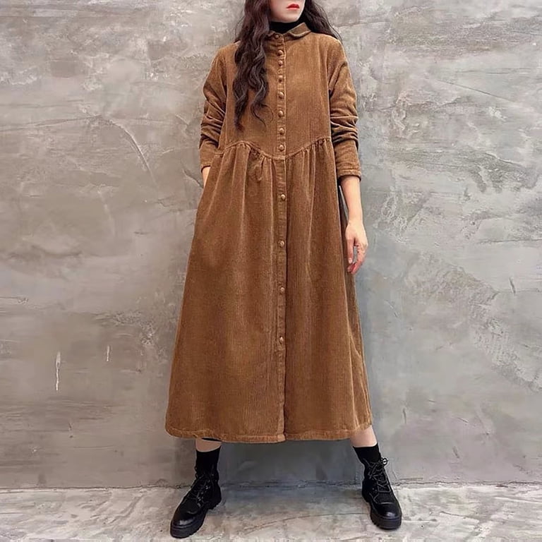 fitted lace wedding dress Corduroy Dress for Women, Ladies Winter Long Dress, Long Sleeve Thick Casual Dress S / Green main image 0