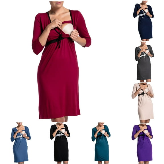 PXLKNZH Womens Maternity Nursing Dress for Breastfeeding 2024 Long Sleeve Comfy Maternity Dresses Casual Pregnancy Clothes Beige,XXL