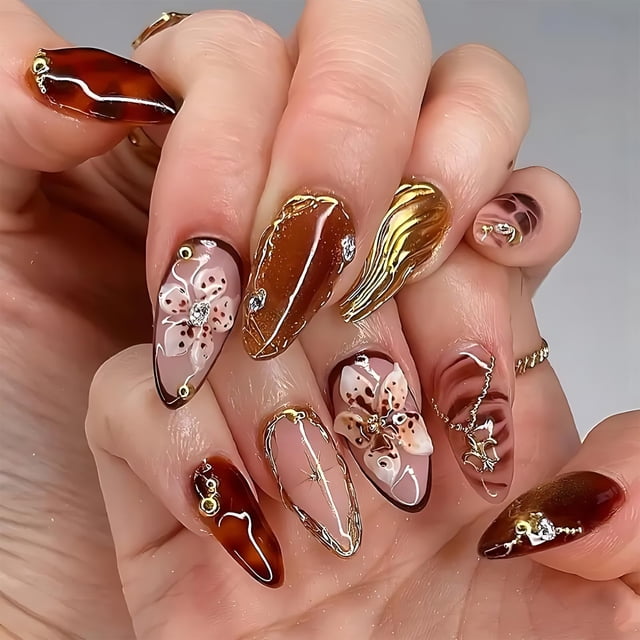 Uñas postizas Press On koopnati Almond Brown Fall 24 piezas