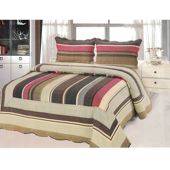 G&J Demure Manor Cotton 3PC Striped Quilt Set Full/Queen Size Grey Coral Color