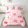 thumbnail image 3 of Manfei Cartoon Cherry 7 Pieces Bedding Comforter Set,Cute Bowknot Bowtie Full Bedding Set,Pink Plaid Grid Fitted Sheet Flat Sheet For Girl Kids,Super Cozy Room Decor Reversible, 3 of 9