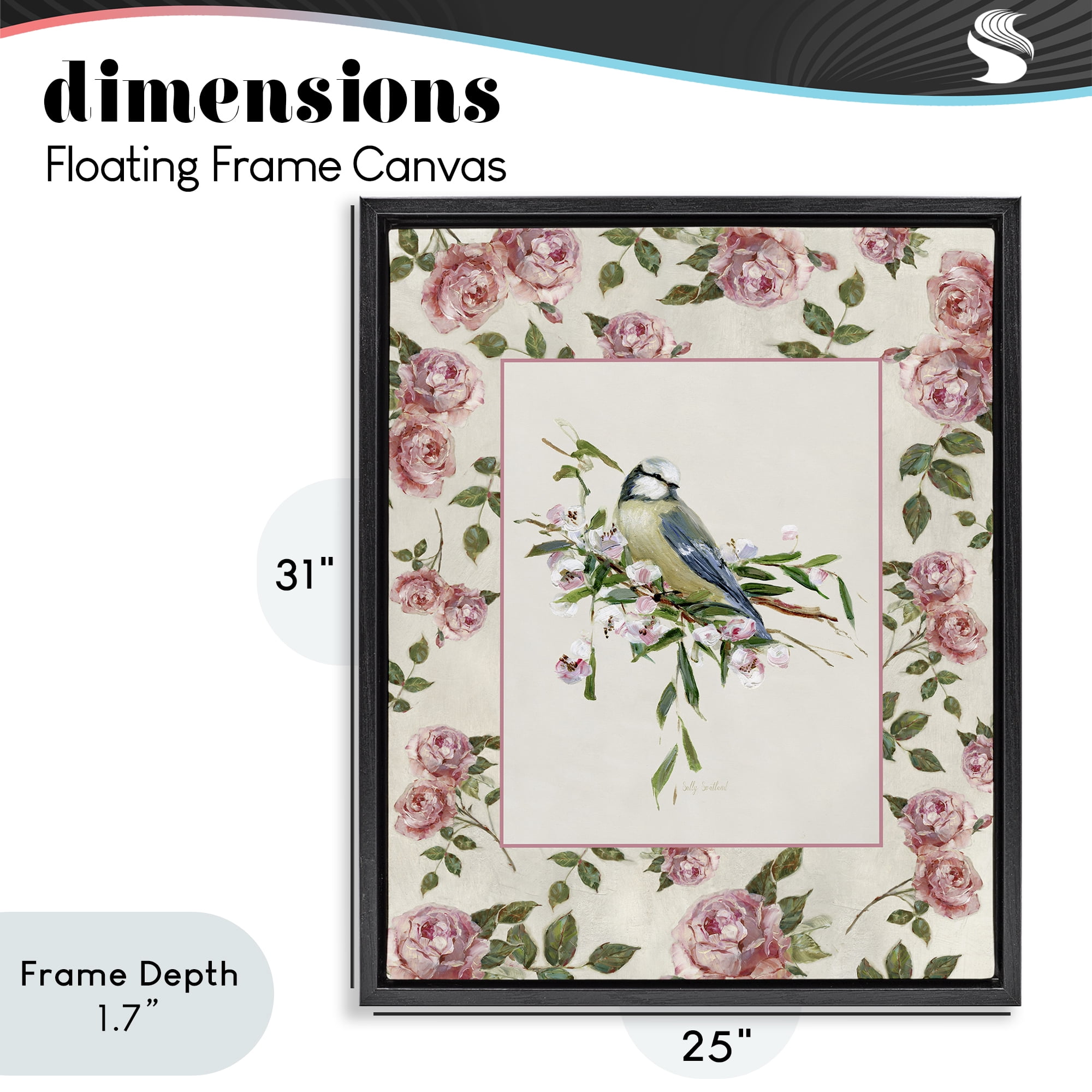 Stupell Industries Dainty Roses & Perched Bird Black Framed Floater Canvas Wall Art, design by Sally Swatland