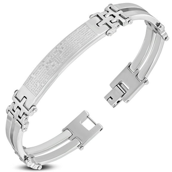 Stainless Steel Silver-Tone Padre Nuestro Prayer Spanish Religious Mens Bracelet, 8"