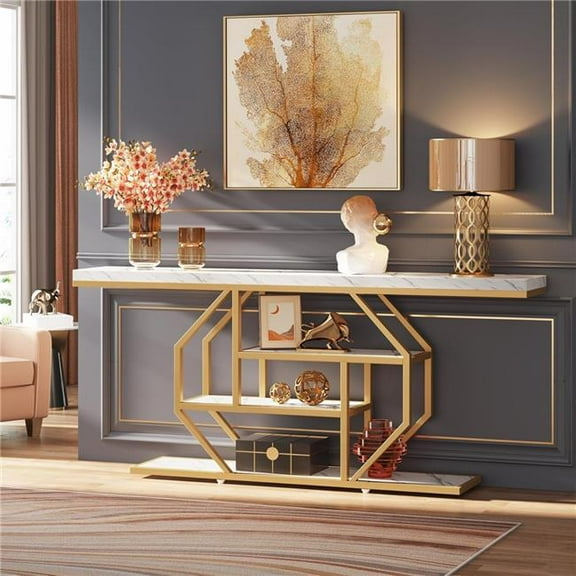 Emoottoo TB-JW0478 70.9 in. Extra Long Modern Gold Behind Couch Console Table with 4-Tier Storage - Faux Marble White