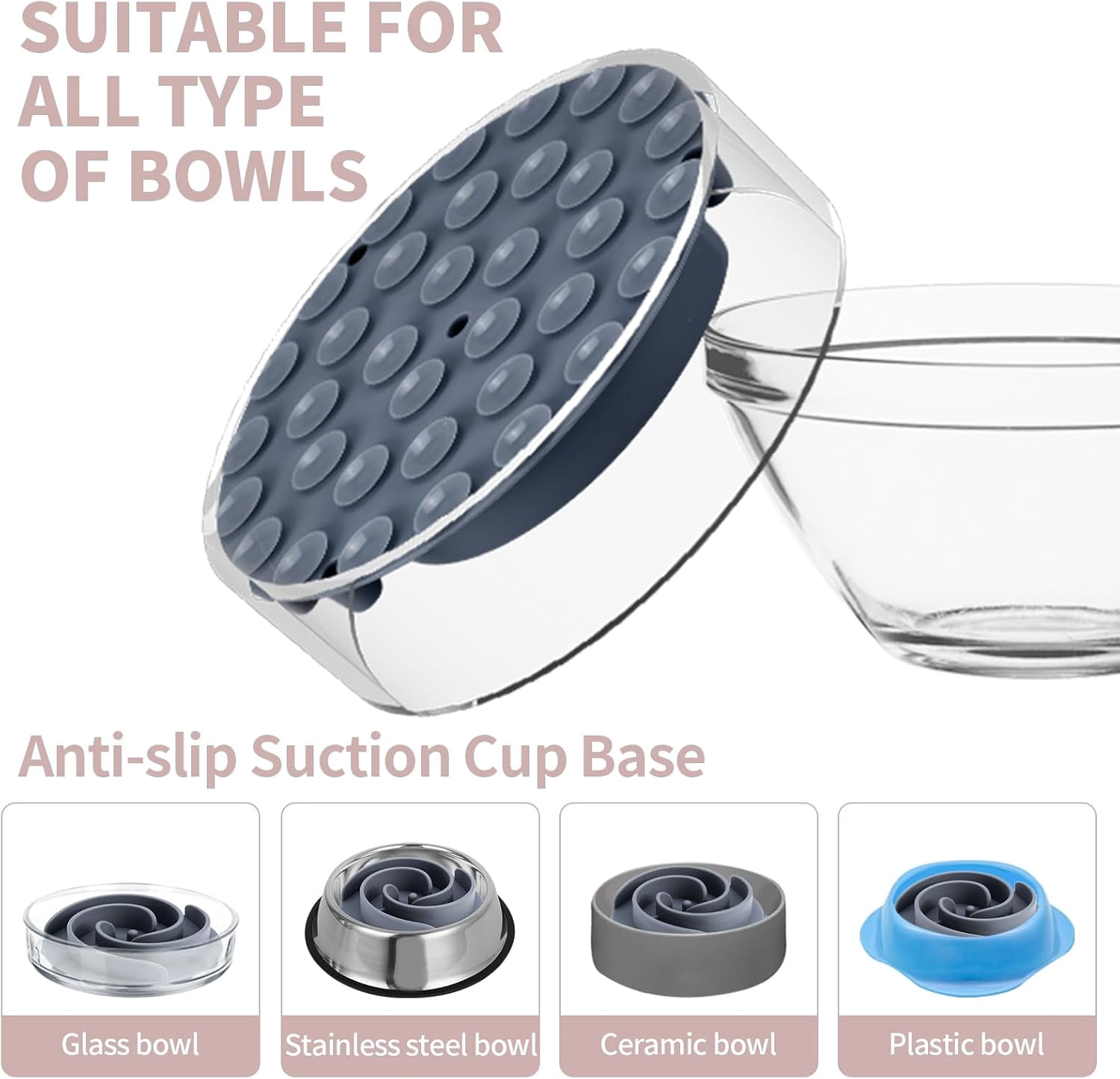 Slow Feeder Dog Bowls Insert,  Soft Silicone Slow Eating Feeder Insert with Suction Cups for Small, Medium and Large Dogs, Fit into Basic and Elevated Dog Bowls, Grey Grey,S