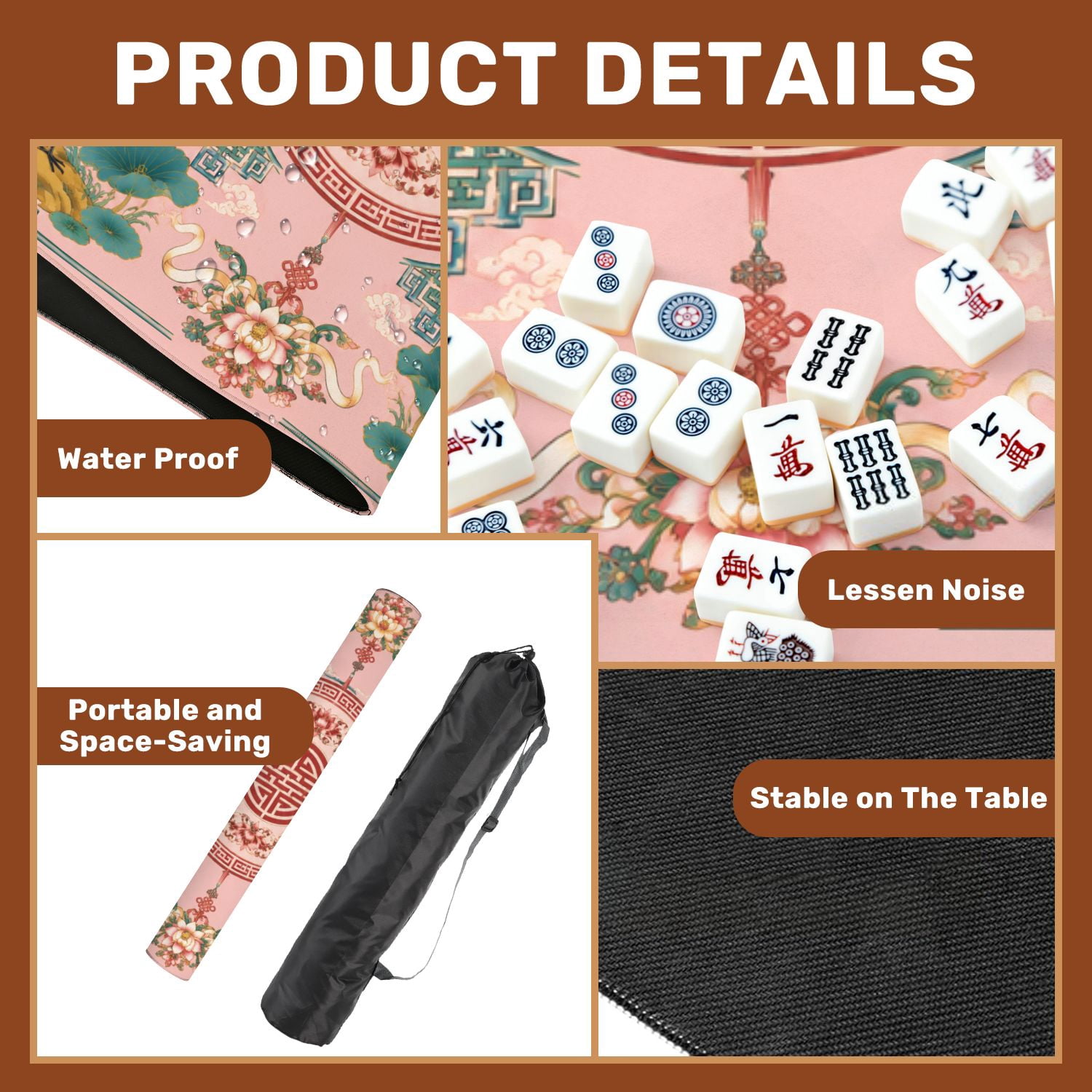 Mahjong Mat 31.5" x 31.5" Elegant Crane Floral Traditional Chinese Elements Non-Slip Noise Reduction Mahjong Tiles Table Cover for Dominoes Poker Card Board and Tile Games