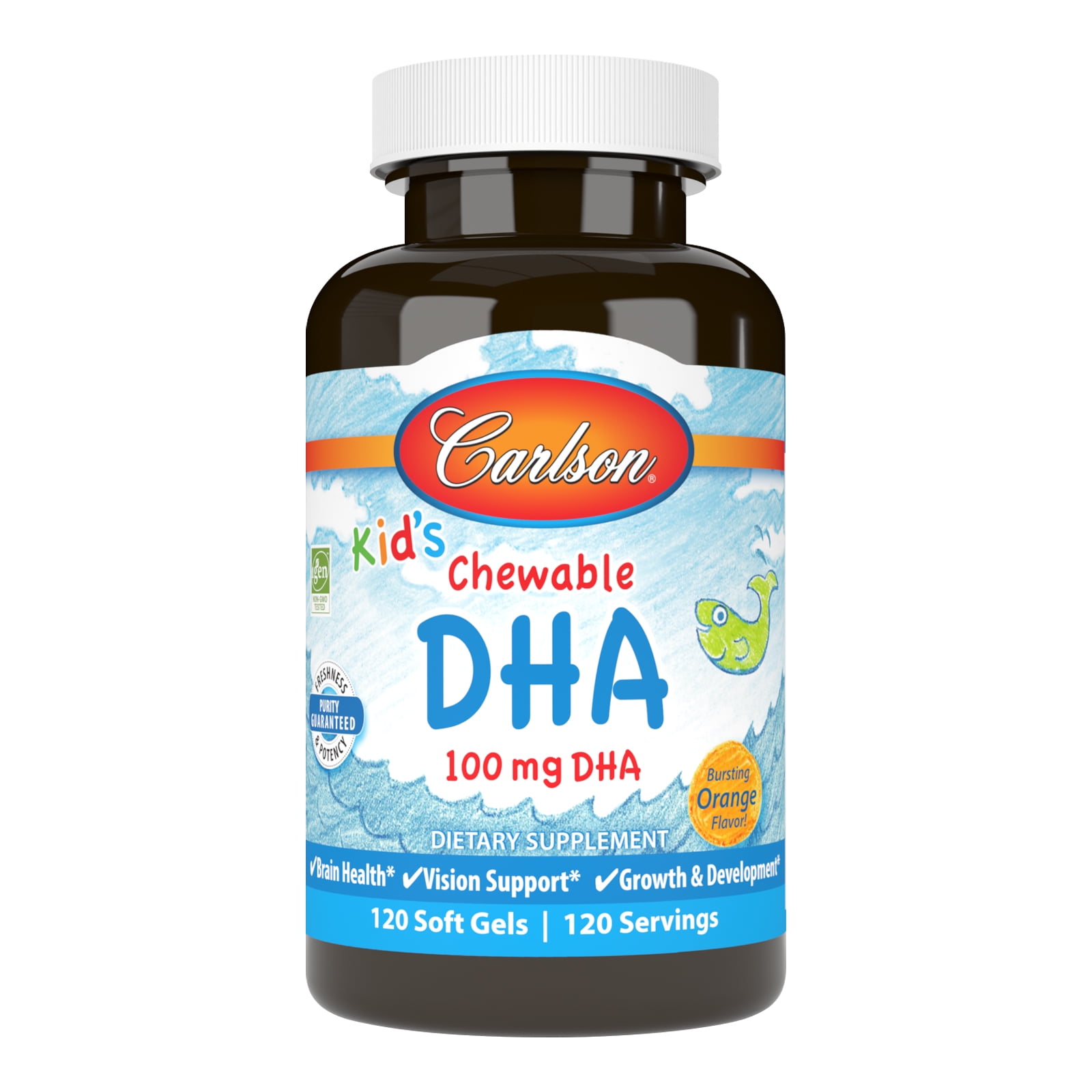 Carlson - Kid's Chewable DHA, 100 mg DHA, Brain Health, Vision Function, Orange, 120 Chewable Softgels