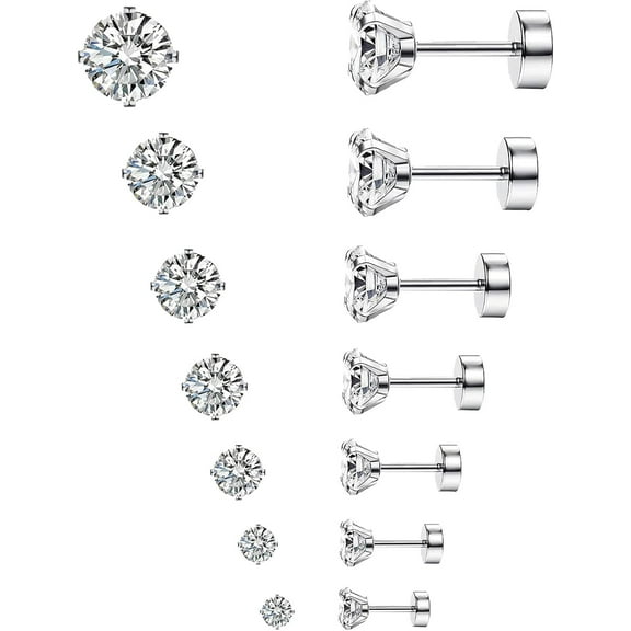 7 Pairs Stainless Steel Earrings 20G Cartilage Earrings Stud Hypoallergenic Cubic Zirconia Barbell Earring Set Flatback Earrings for Women Men 2MM-8MM