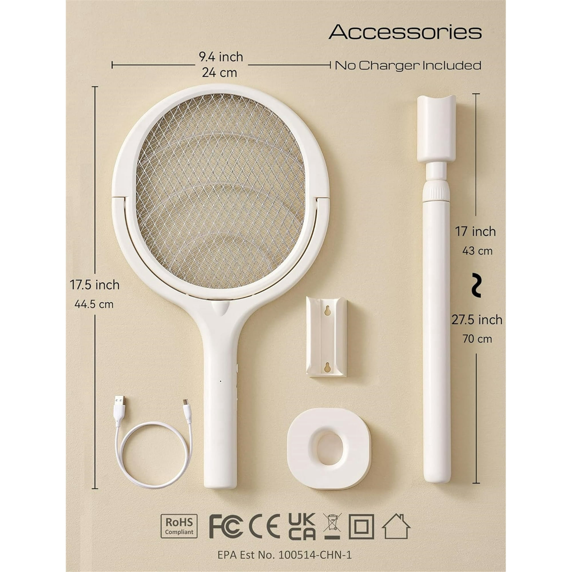 Vorfor Rotating Head Electric Fly Swatter Racket Rechargeable Bug Zapper, Mosquito Electric Fly Swatter Racket with Telescopic Extension Indoor, White