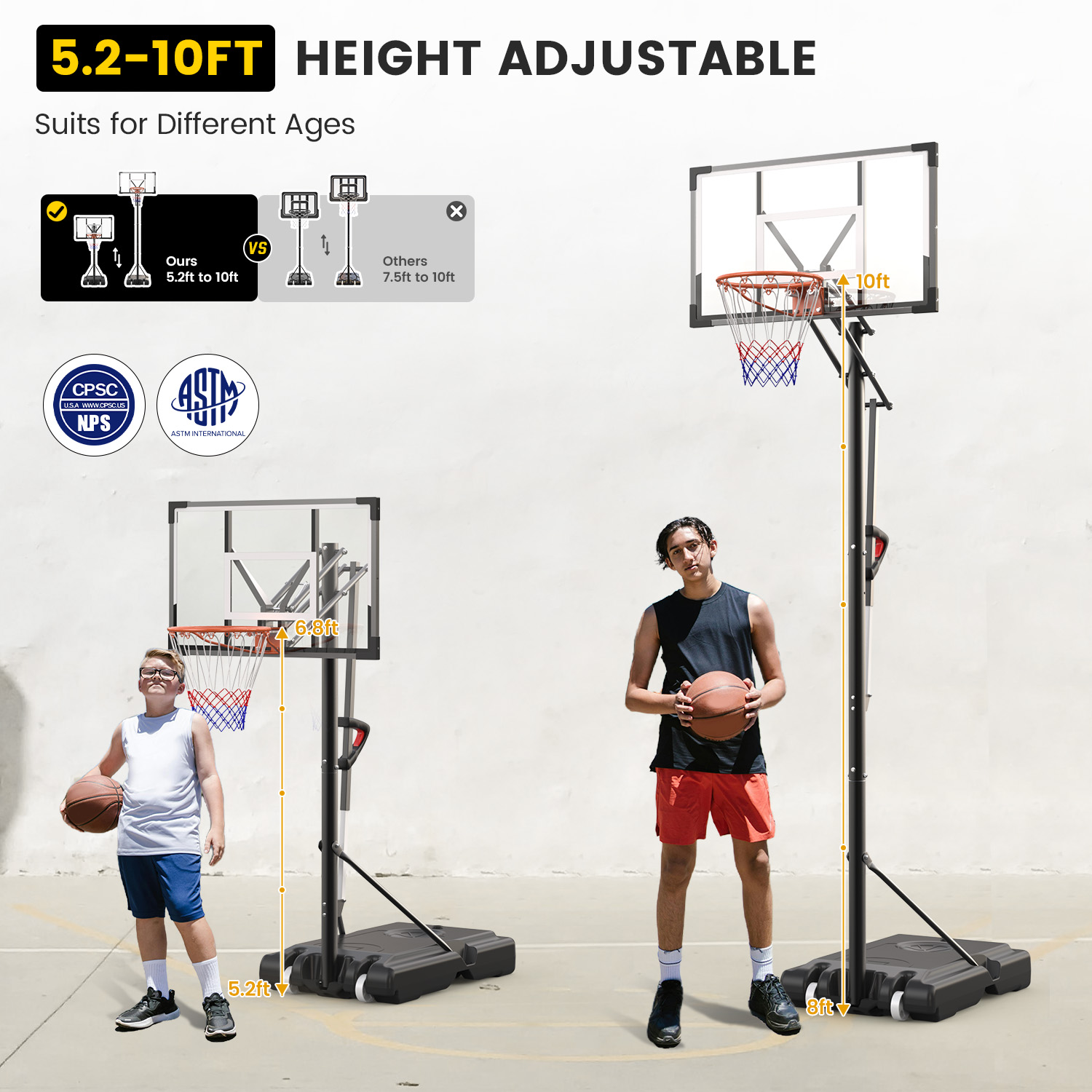 Bexfil  Portable Adjustable Basketball Hoop 5.25-10ft with 44" Backboard for Kids, Teens, Adults, New