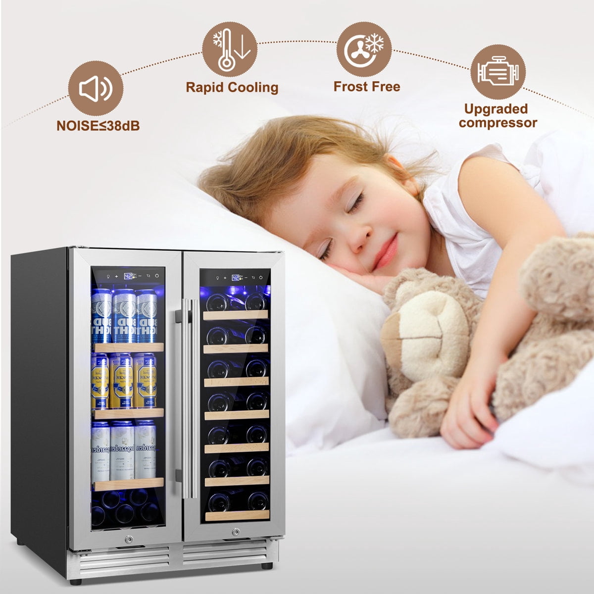 24" Wine and Beverage Refrigerator 20 Bottle 60 Can Dual Zone Built-In/Freestanding Classic Beverage Wine Cooler