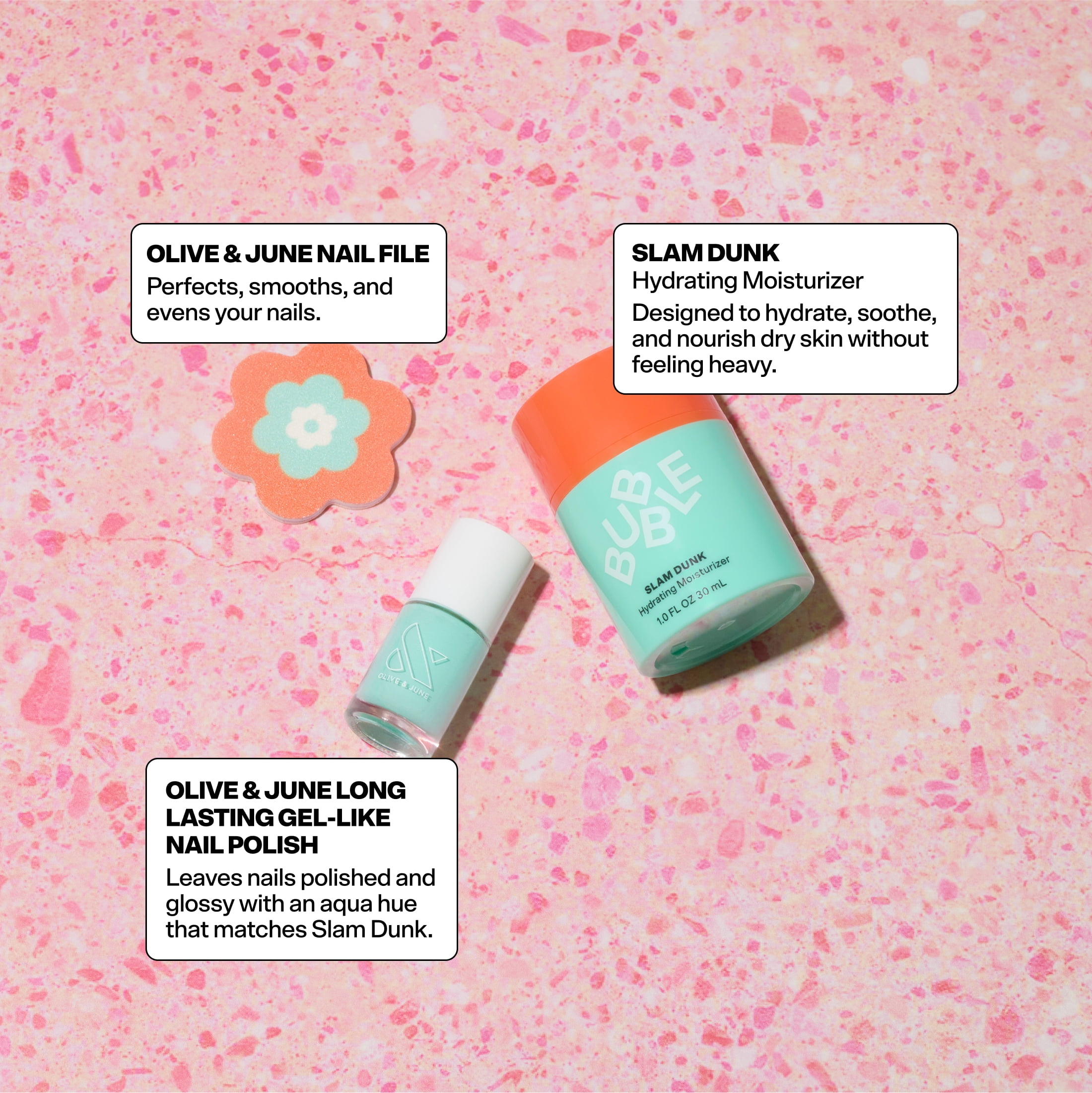 Bubble Skincare Flower Power Slam Dunk Moisturizer & Nail Polish 3-Piece Set, Includes Olive & June Long Lasting Nail Polish & Flower Nail File