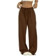 thumbnail image 2 of Women's Solid Color Casual High Waisted Loose Fit Athletic Pants with Side Stripes, Sporty Sweatpants, Elastic Waist Joggers for Running Yoga Women's Trousers,Coffee,S, 2 of 6