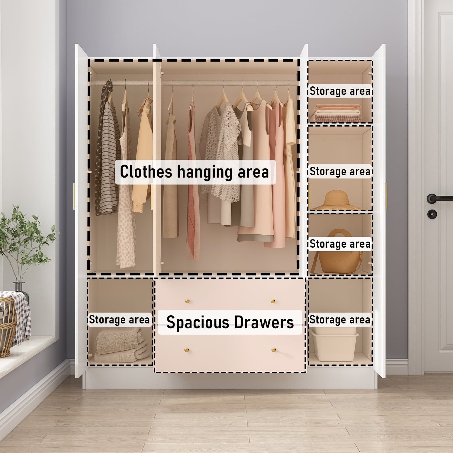 OxyLife Large Storage Cabinet with Mirror and 2 Drawers, Bedroom Armoire