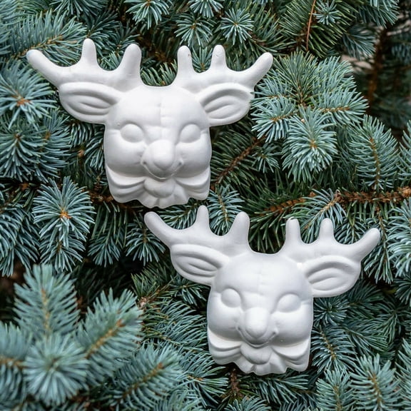 X2 Christmas Reindeer Plush Head 4.5" Set Ceramic Bisque Ready To Paint Pottery