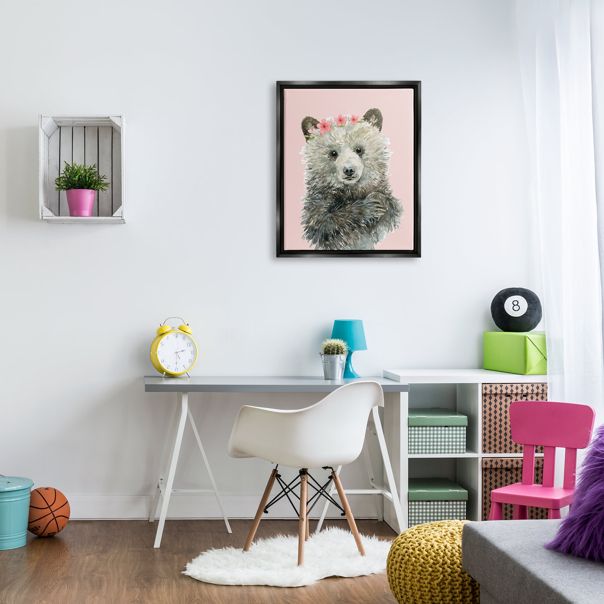 Stupell Industries Fuzzy Bear with Floral Crown Animals & Insects Painting Black Floater Framed Canvas Art Print Wall Art, 25 x 31