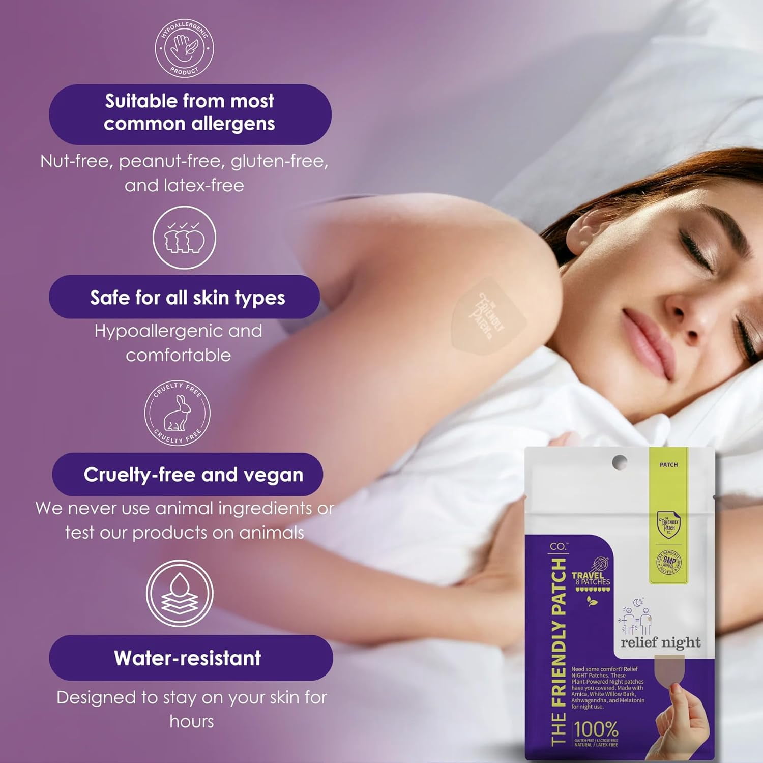 (2 pack) The Friendly Patch Relief Night, Pain Patches 8 Count, Arnica, Melatonin, Body Part that hurts, sleep Patches
