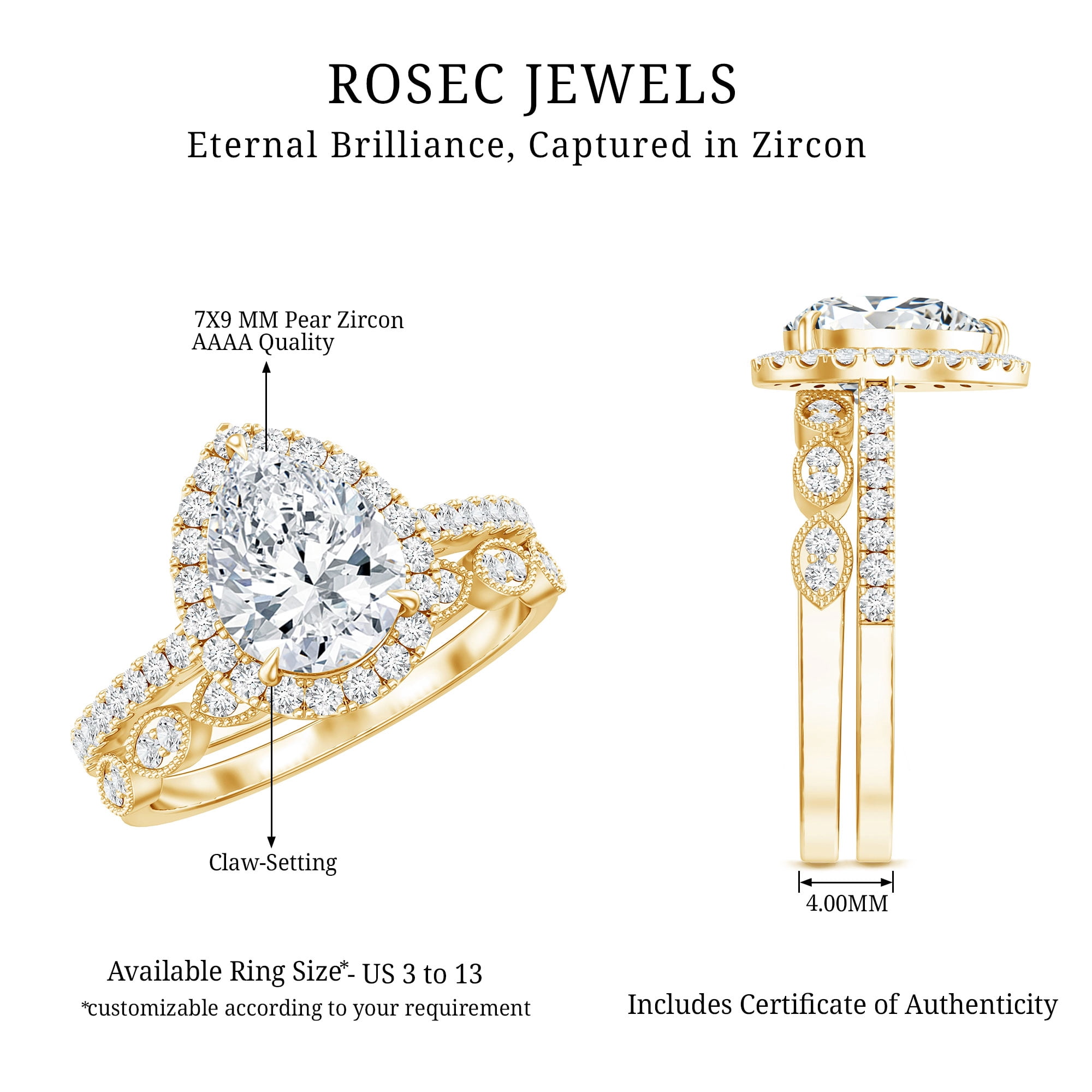 Rosec Jewels Pear Shape Cubic Zirconia Ring Set for Women, Wedding Engagement Ring Set, 10K Yellow Gold, US 4.00