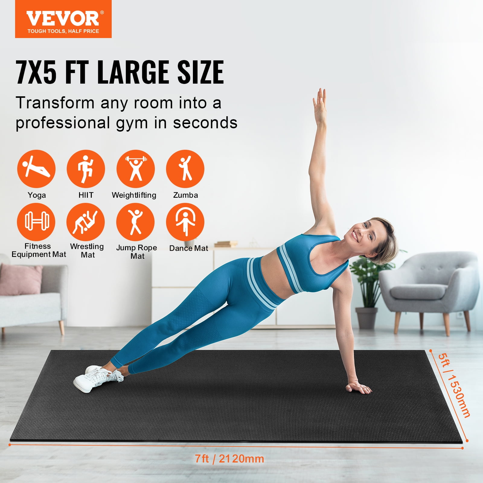 VEVOR Exercise Mat, Non Slip High Density Premium Yoga Mat, Exercise Yoga Mat for Men & Women, Fitness & Exercise Mat with Bag & Carry Strap, for All Types of Home Yoga, Floor Workout (7x5ft)