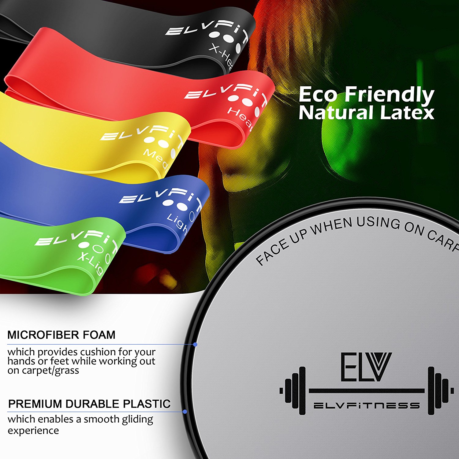 ELV Rubber Exercise Band Fitness Set with Sliders |5 Bands + 2 Discs| - image 3 of 7
