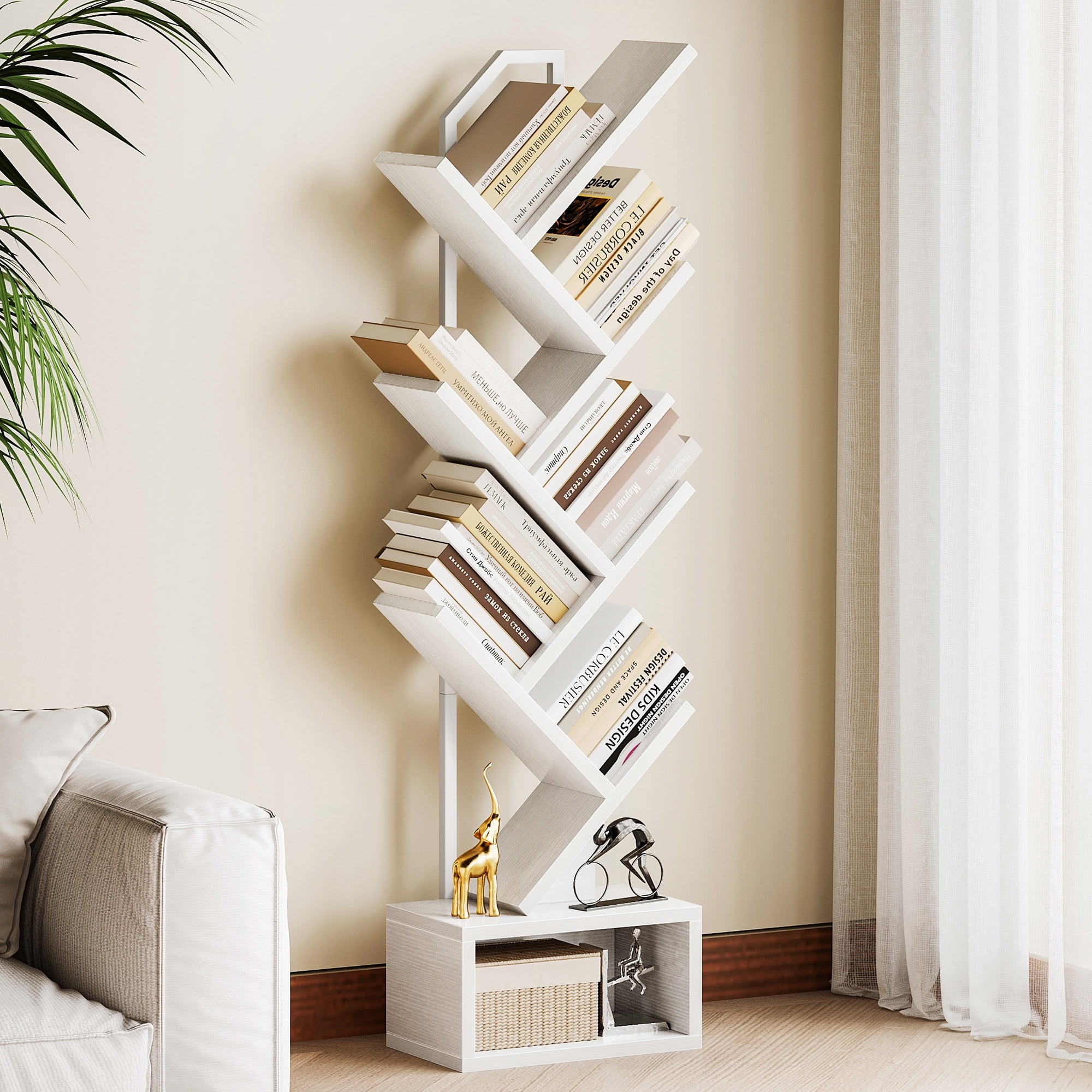 Casacomoda 6-Tier Tree Bookshelf for Corner & Small Space — Narrow Steel & Wood Bookcase, Tall Floor Standing Book Organizer Shelf with Storage Cabinet, Home Decor for Living Room, Bedroom, White