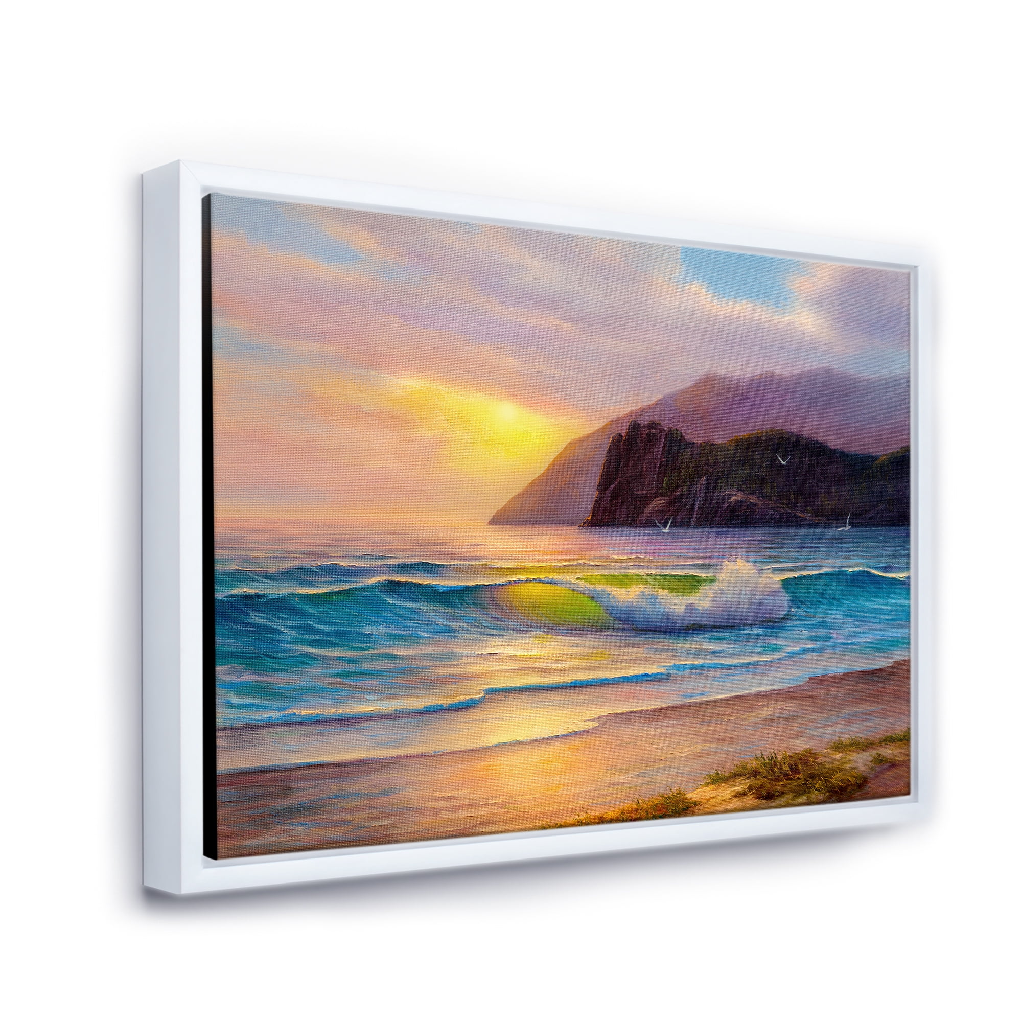 Designart 'Sunrise Glow On The Sea Waves V' Nautical & Coastal Framed Canvas Wall Art Print