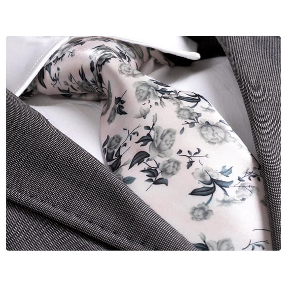 Men's Fashion White Grey Floral Silk Neck Tie With Gift Box