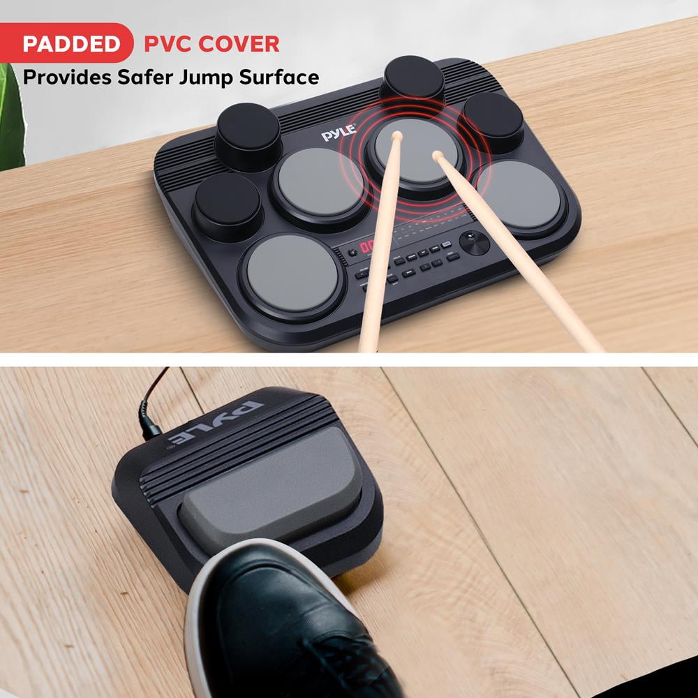 Pyle Electronic Tabletop Drum Pad Set – Portable Drum Kit with 8 Touch-Sensitive Pads, Pedals, 600 Sounds, 80 Preset Kits, USB & Headphone Outputs, MIDI/AUX Inputs (Black)