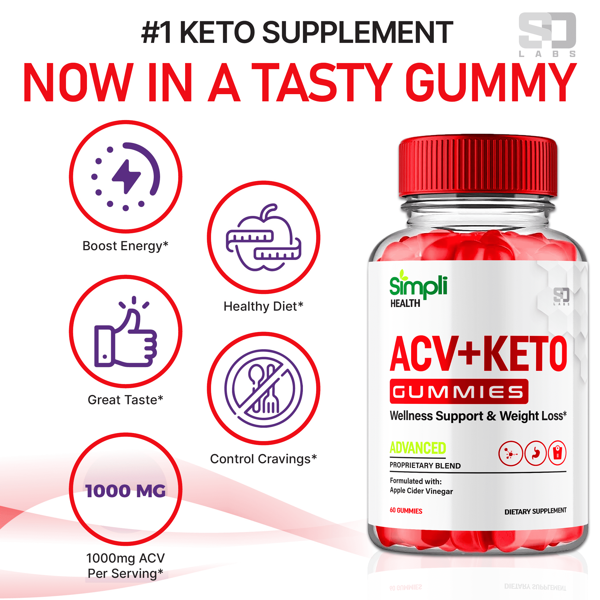 (5 Pack) Simpli Health ACV Keto Gummies - Energy & Focus Boosting Dietary Supplements for Weight Management & Metabolism - Fat Burn - 300 Gummies