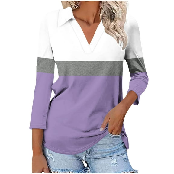 lmcalzta Women T-Shirts 3/4 Sleeve V Neck Lapel Collar Tops Summer Casual Basic Colorblocks Workout T Shirts