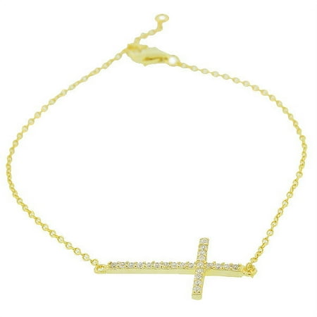 925 Sterling Silver Sideways Cross Link Chain Bracelet with Yellow Gold-Tone White CZ