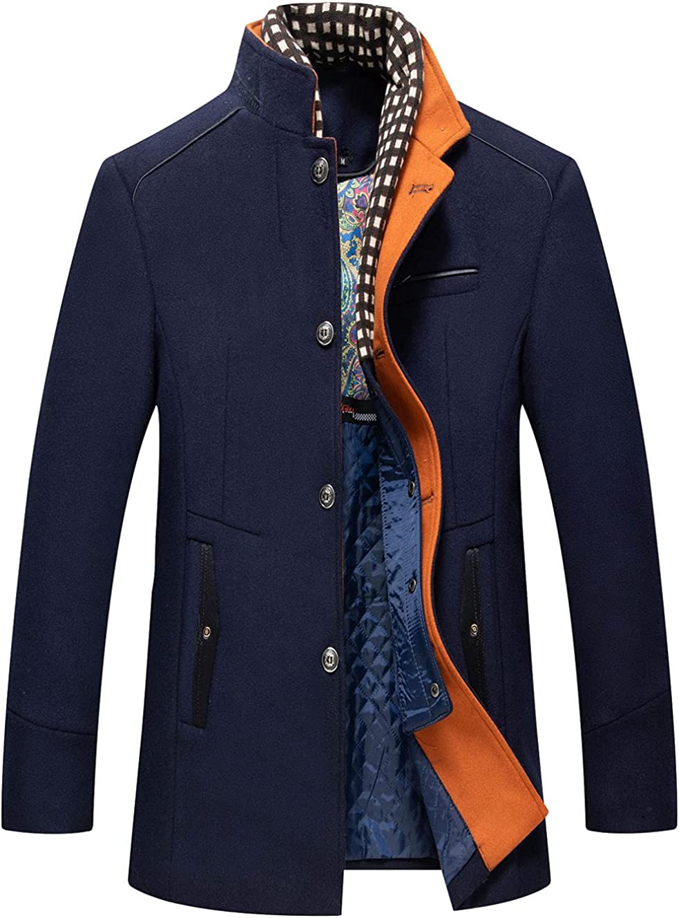 PIKADINGNIS Men's Casual Single Breasted Quilted Wool Blend Pea Coat