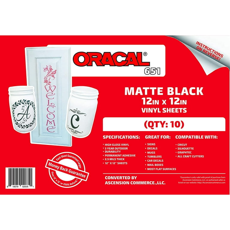 (25) 12 x 12 Sheets - Oracal 651 Matte Black Adhesive Craft  Vinyl for Cricut, Silhouette, Cameo, Craft Cutters, Printers, and Decals -  Matte Finish and Outdoor and Permanent : Arts, Crafts & Sewing