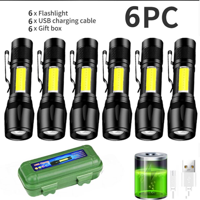 From Xiao Bei strict selection 1-6PCS Mini Portable LED Flashlight COB Light Telescopic Zoom Torch USB Rechargeable Tactical Camping Hiking Emergency Lantern