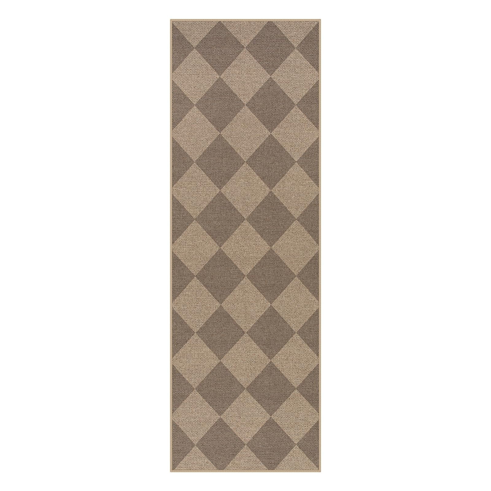 SUNDEREY 2'x6' Easy Jute Hallway Runner Rug, Non Slip Washable Rugs for Entryway Indoor Kitchen Mats for Floor, Modern Geometric Checkerboard Indoor Outdoor Carpet for Entry Front Door,Khaki