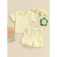 thumbnail image 3 of Musuos Toddler Girls Casual Shorts Set, 6 12 18 24M 3Y Solid Color Short Sleeve T-shirt with Elastic Waist Shorts with Hairband 3 Piece Summer Set, 3 of 10