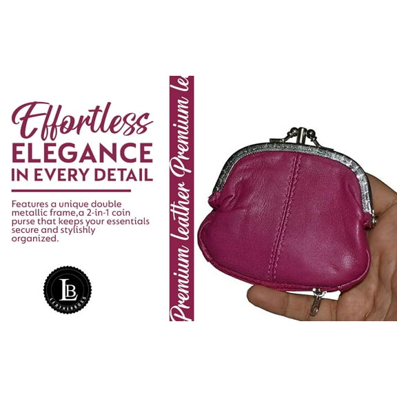 Leatherboss Coin Purse  Double Frame with Zipper Pocket, Pink