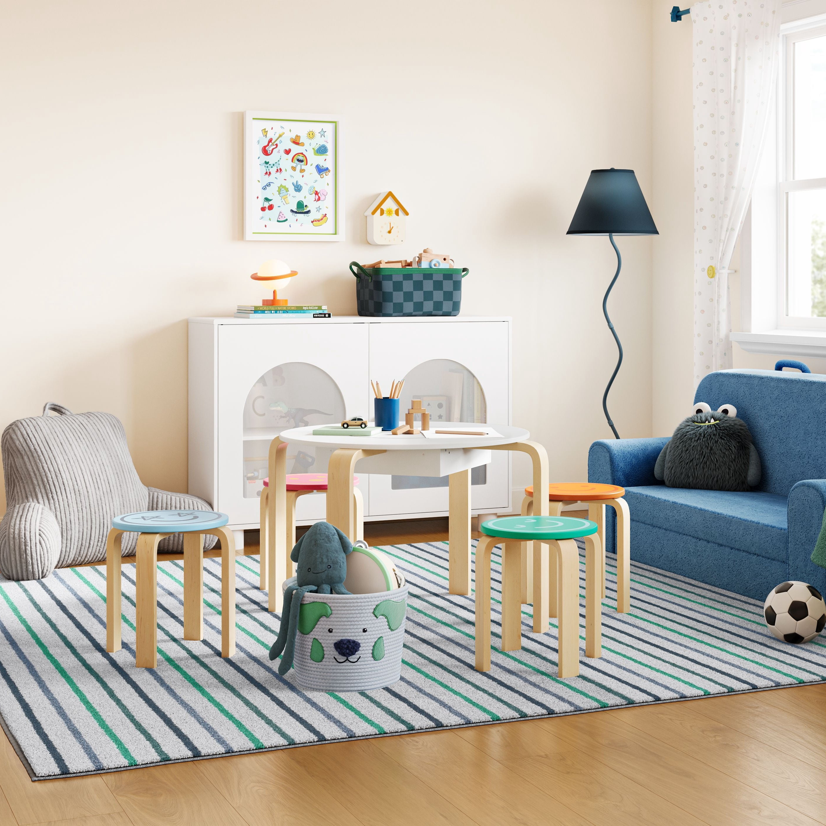Mainstays Kids Get Happy 5-Piece Play Table and Chair Set, Natural Teak and Multicolor