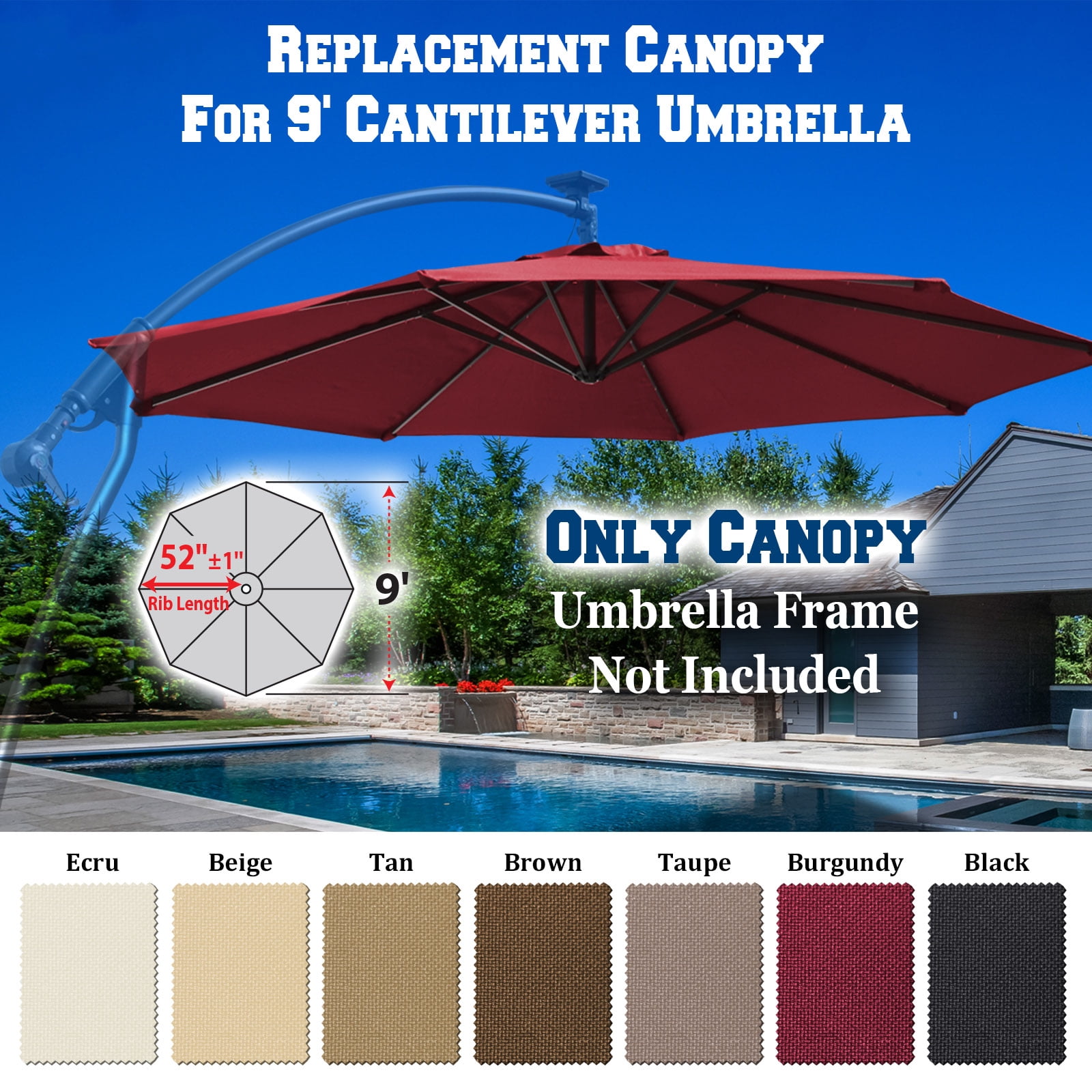 Sunrise 9ft 8 Ribs Outdoor, Patio Cantilever, Hanging Umbrella Cover Canopy, Replacement Cover Top, Tan (Cover Only, Umbrella Frame not Included)