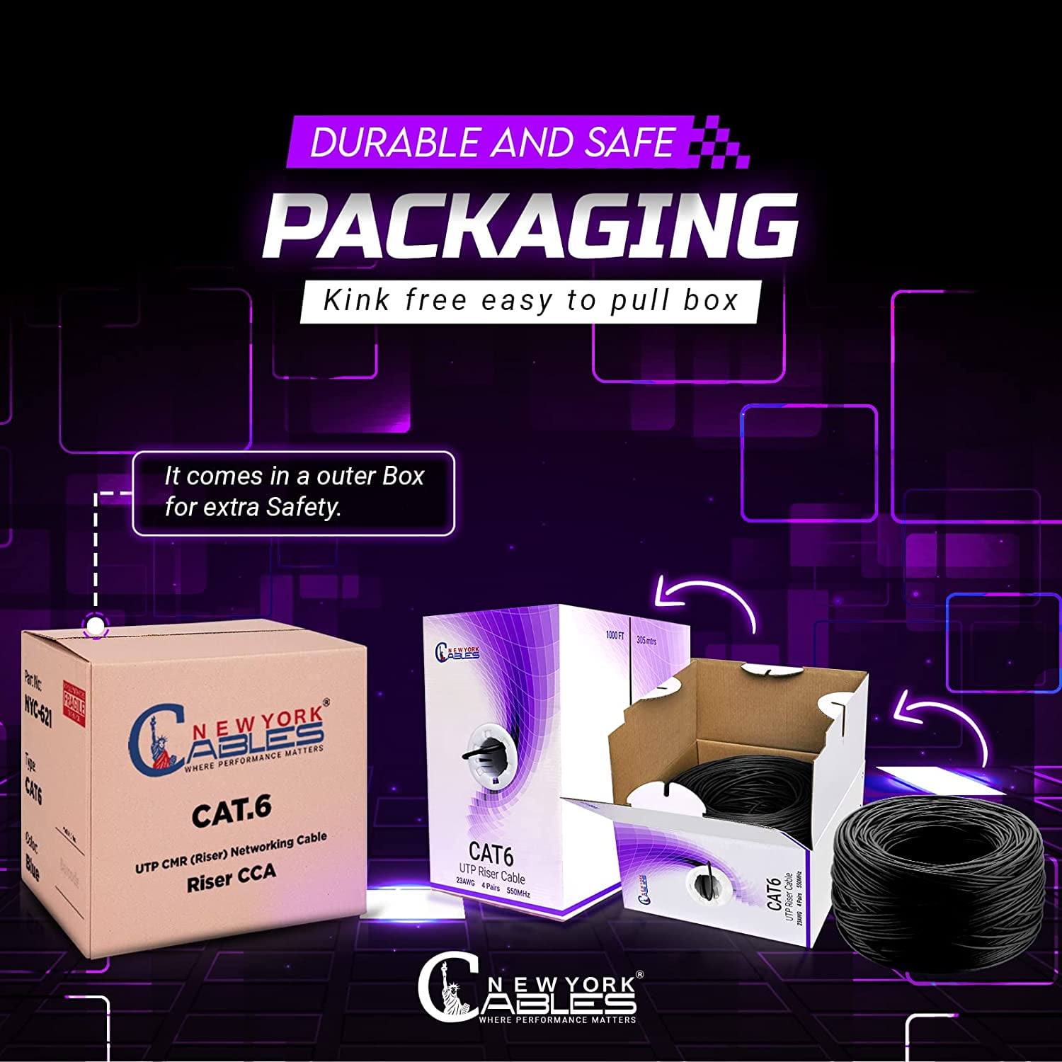 NewYork Cables Cat6 Riser CCA 1000ft Bulk Ethernet Network Lan Cable UTP 4Pairs 550MHz 23AWG Black