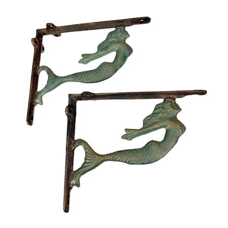 Zeckos Verdigris and Bronze Cast Iron Swimming Mermaid Metal Shelf Bracket Set of 2