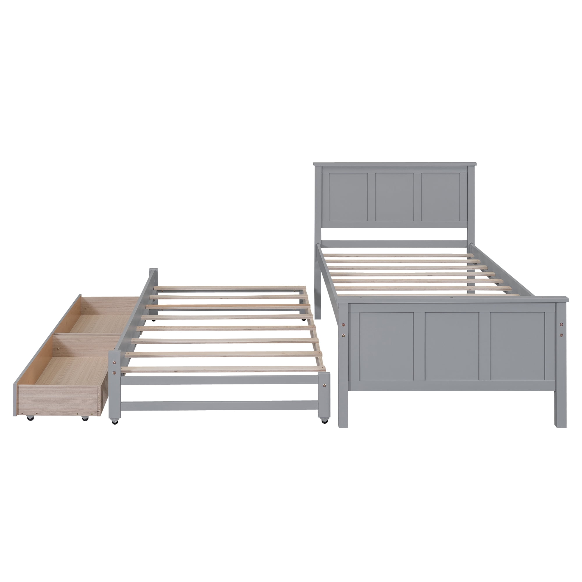 Euroco Twin Size Platform Bed with Trundle and Drawers, Gray