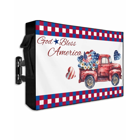 4th of July Truck Outdoor TV Cover 40 to 43 Inch Weatherproof, Love Heart Independence Day Red Blue 600D Oxford TV Covers with Waterproof Zipper, Outside Flat TV Screen Protector Size 40"Wx25"Hx4.5"D