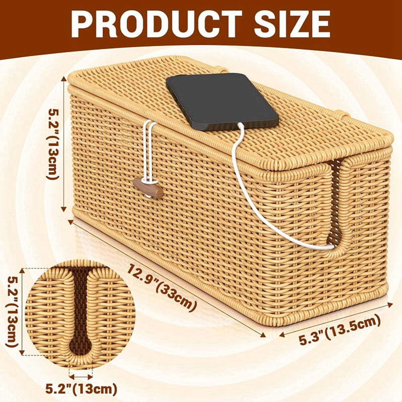 Cable Management Box, Power Strip Organizer with Locked Cover,Handmade Rattan Cable Organizer Cords Hider,Cord Organizer