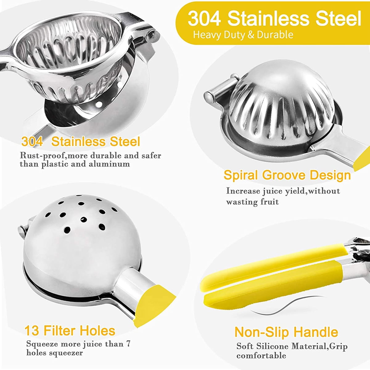 Kepooman 3.54" Handheld Stainless Steel Lemon Squeezer with Non Slip Silicone Handle for Orange Citrus, Yellow Kepooman 3.54" Handheld Stainless Steel Lemon Squeezer with Non Slip Silicone Handle for Orange Citrus, Yellow