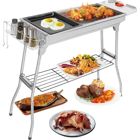 VibrantEcho Portable Charcoal Grill, 39 x 12x 28" Foldable Barbecue Grill, Stainless Steel BBQ Grill for Cooking Outdoor Camping Garden Beach Party Hiking Picnic(Large)