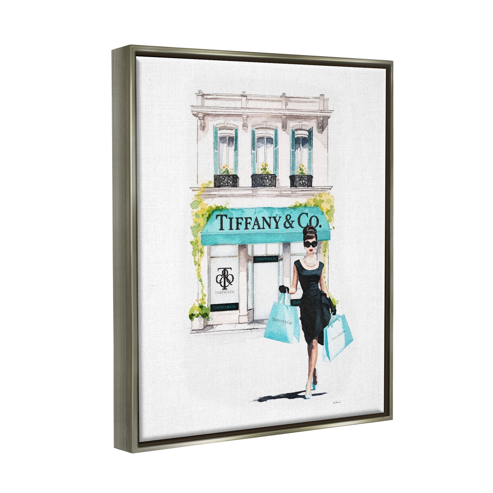 Stupell Industries Girl with Shopping Bags Town & City Painting Gray Floater Framed Canvas Art Print Wall Art, 17 x 21